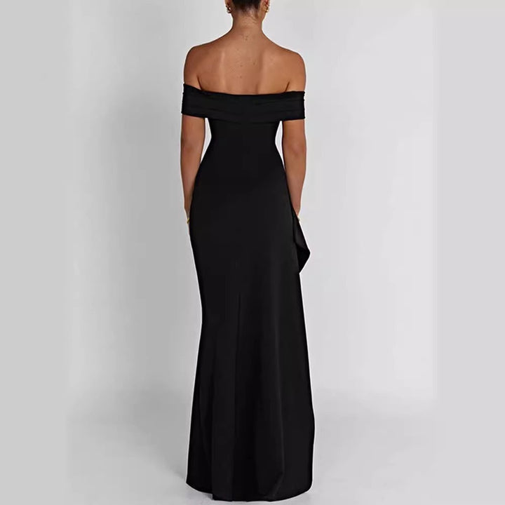 Damen Elegantes Off-Shoulder Maxikleid mit hohem Schlitz und Drapierungen Drune