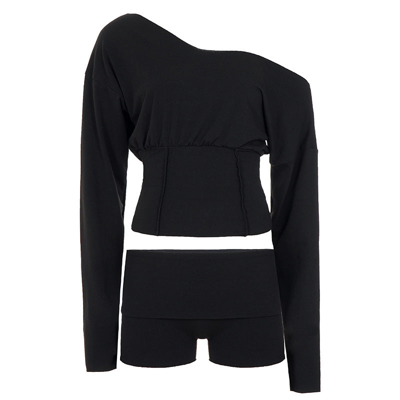 Damen nan asymmetrisches einschulteriges Lounge-Set mit tailliertem gerafftem Crop-Top und hochgeschnittenen Umschlag-Shorts Drune