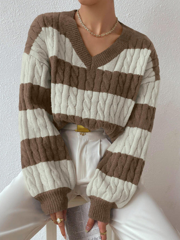 Damen Grobstrickpullover mit modischem V-Ausschnitt und buntem Streifenmuster Drune