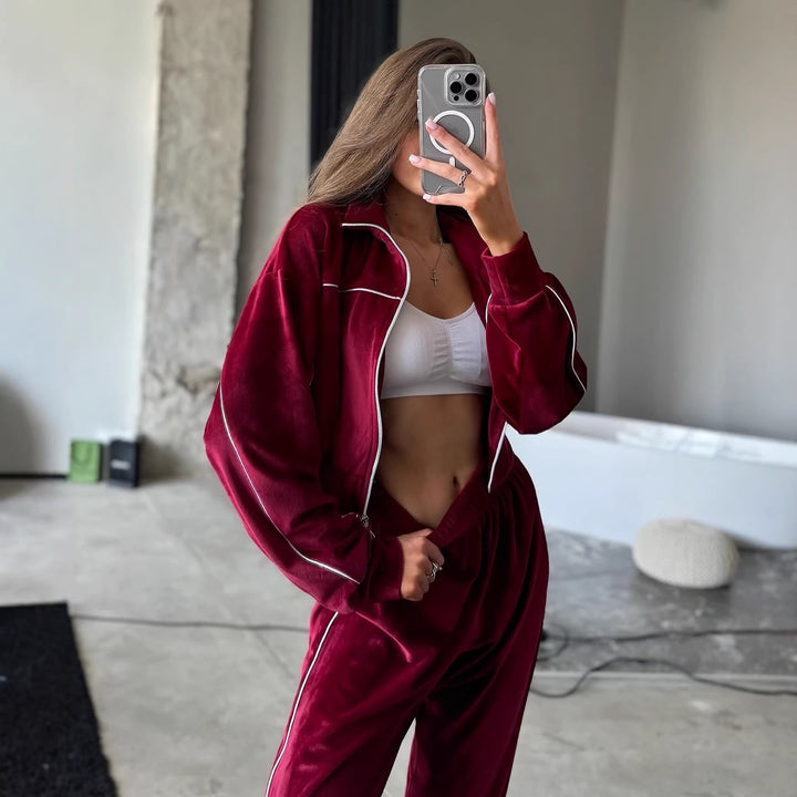 Damen Sportliches Velours-Joggingset mit hohem Kragen und Reißverschluss Drune