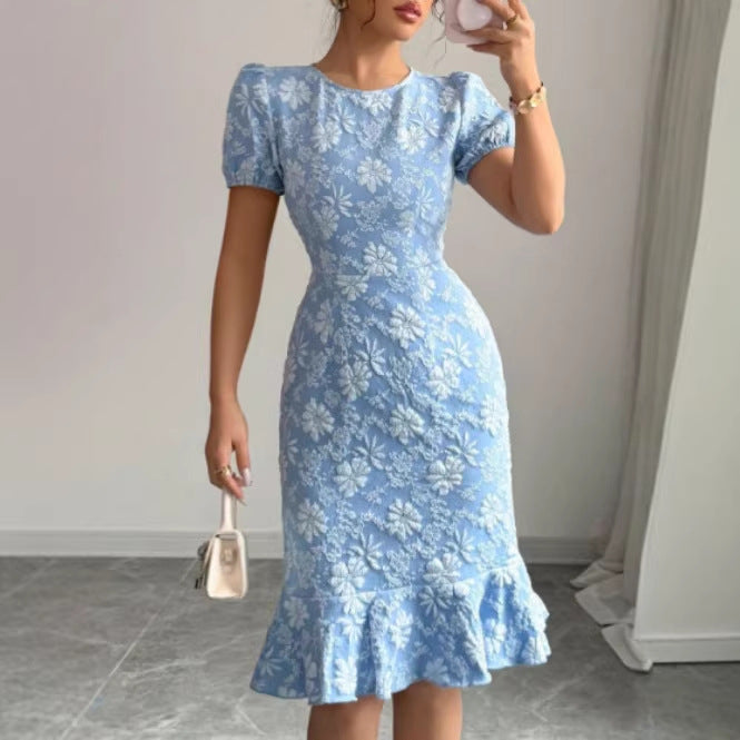 Damen Kleid mit floralem Spitzenmuster und fließendem Saum Drune