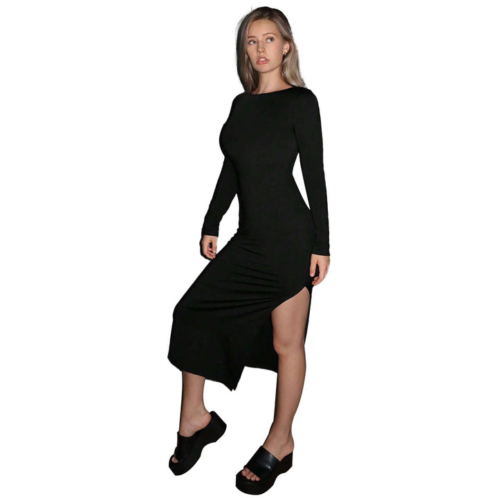 Damen Langarm-Midikleid mit elegantem Schlitz und figurbetontem Schnitt Drune