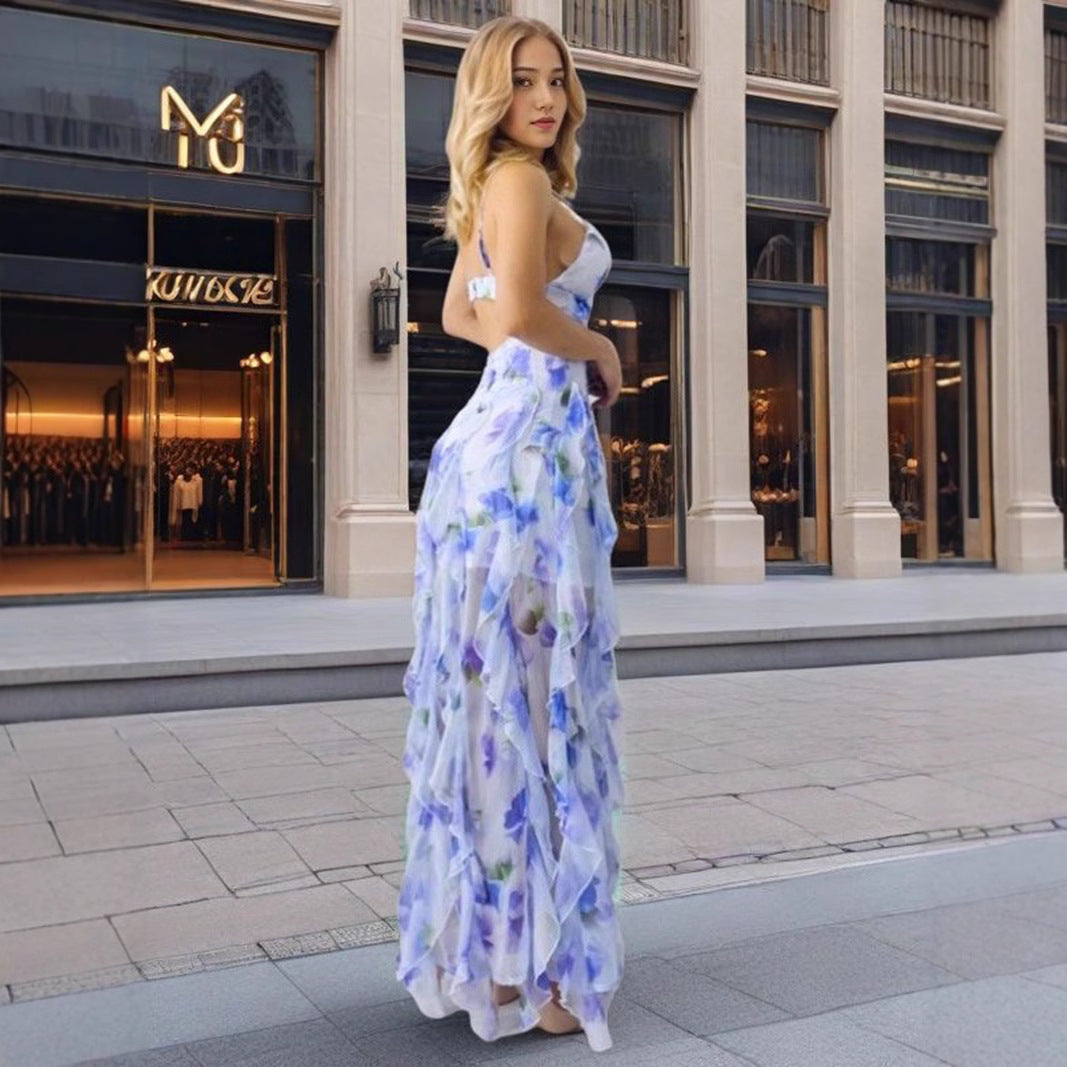 Damen Maxikleid mit floralen Rüschen und tiefem Schlitz Drune