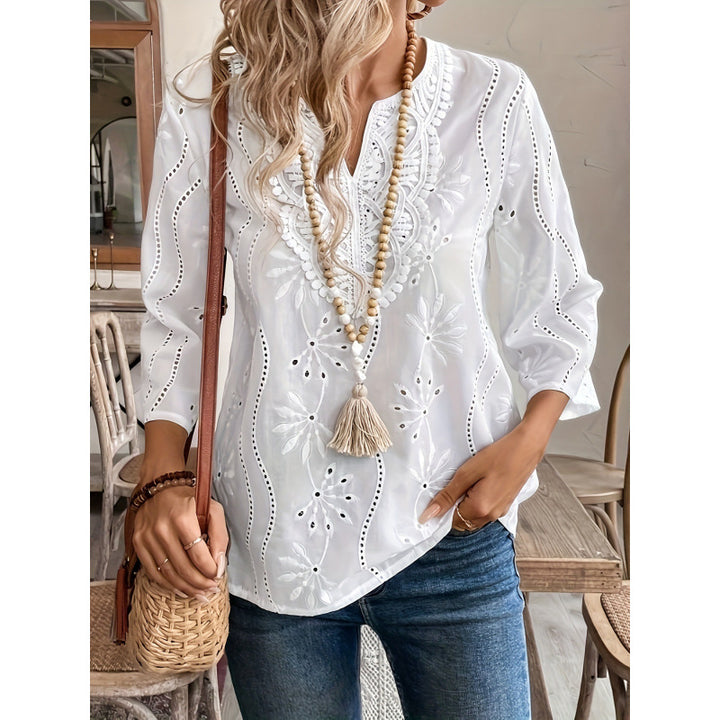 Damen bestickte Bohemian Bluse mit Dreiviertelärmeln Drune