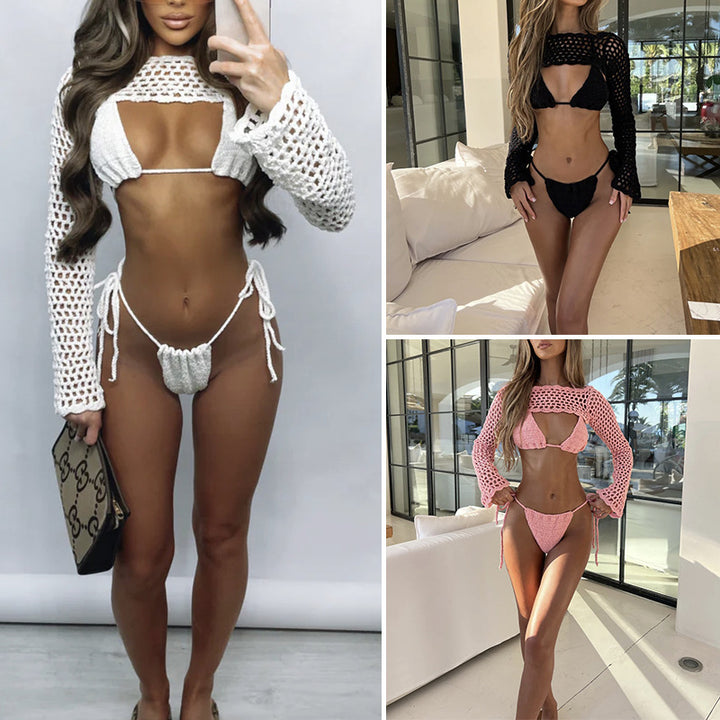 Damen Häkel-Bikini-Set mit langärmliger transparentem Oberteil und hohem Beinausschnitt Drune