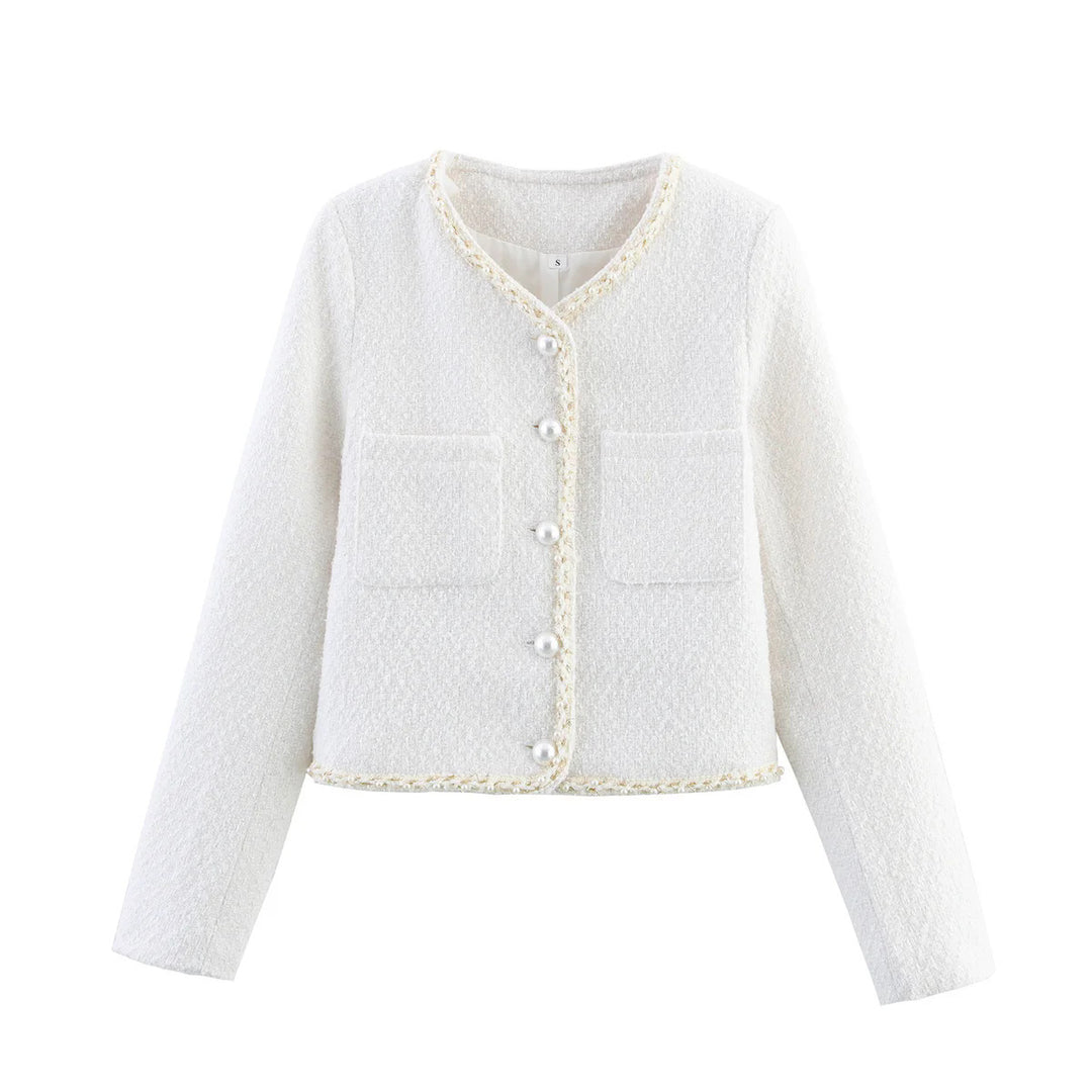 Damen elegante Kurzarmpulloverjacke mit perlverzierten Knöpfen und aufgesetzten Taschen Drune