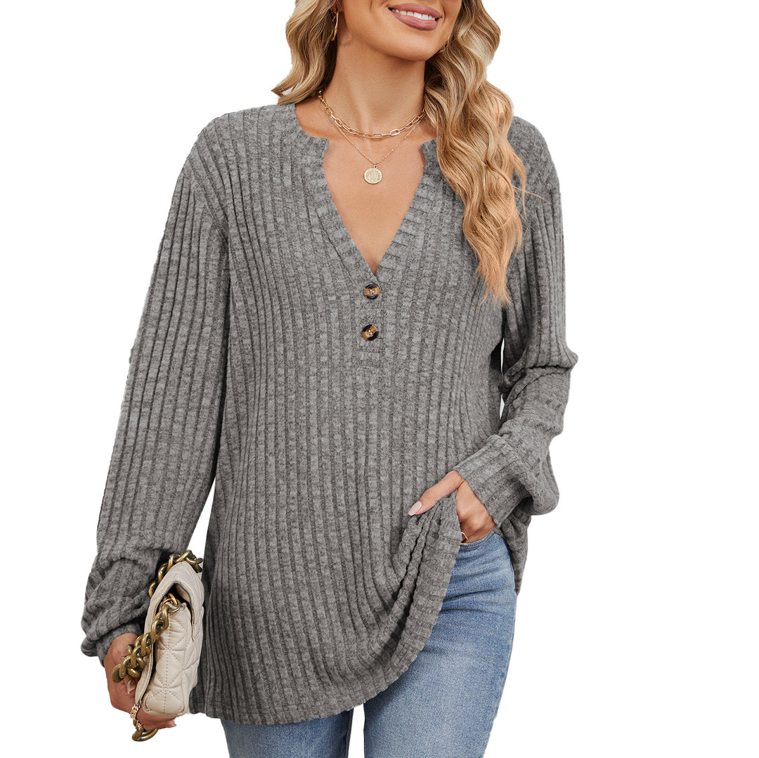 Damen Langarmshirt mit strukturiertem V-Ausschnitt und Knopfdetails Drune