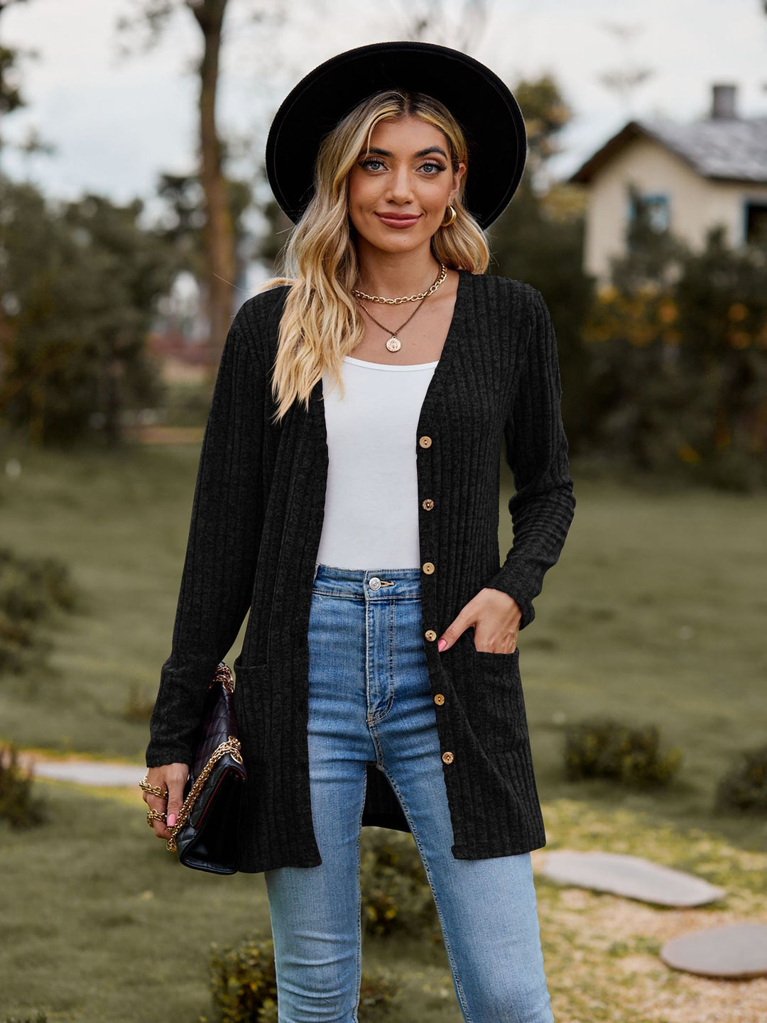 Damen Strickjacke mit Knopfleiste und Taschen Drune