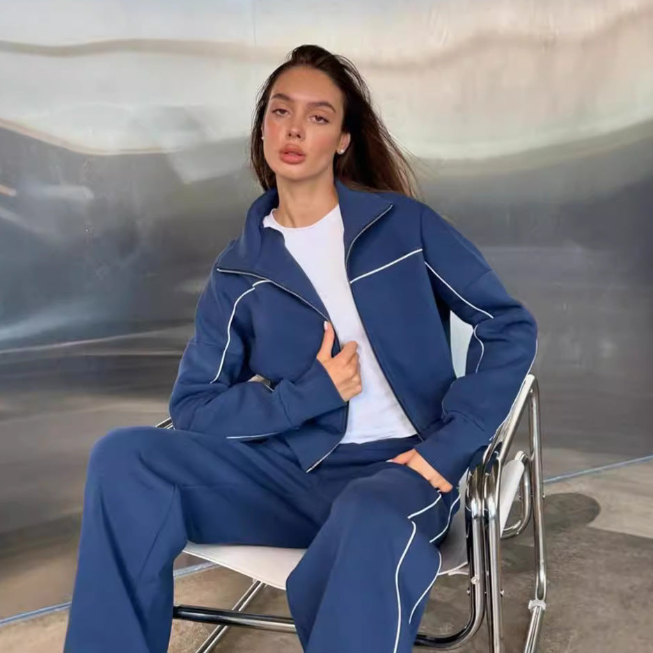 Damen nan zweiteiliges Sport-Loungewear-Set mit Stehkragen und Kontrastpaspel Drune