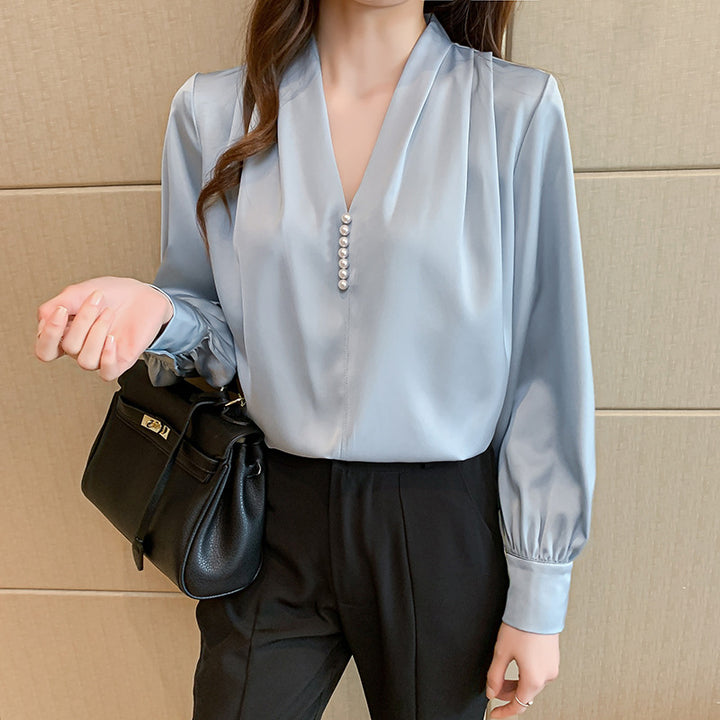 Damen elegante Bluse mit Rüschenärmeln und perlverzierten Knöpfen Drune