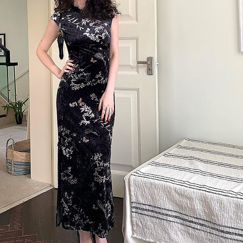 Damen Elegantes Maxikleid mit floralem Druck und Stehkragen Drune