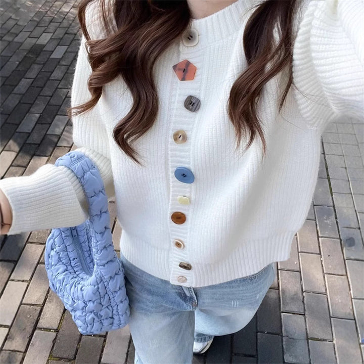 Damen Strickcardigan mit bunten Knopfdetails und strukturiertem Material Drune