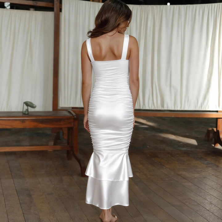 Damen Figurbetontes Satin-Maxi-Kleid mit Rüschendetails Drune