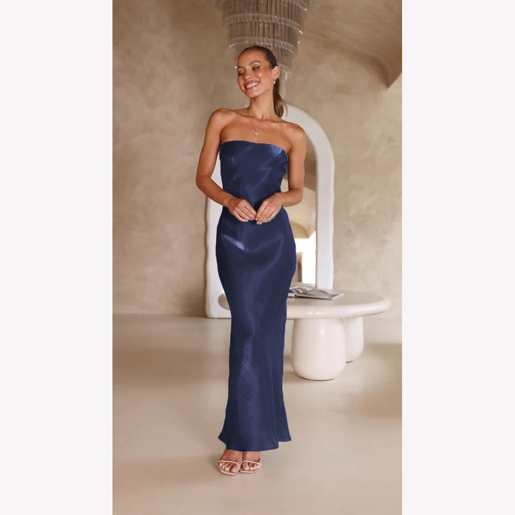 Damen Elegantes Bandeau-Maxikleid mit fließendem Satin und körpernaher Silhouette Drune