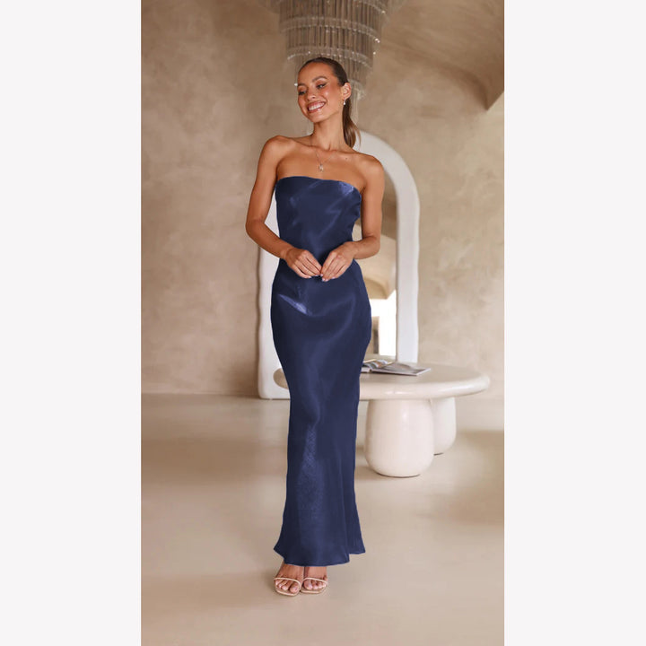 Damen Elegantes Bandeau-Maxikleid mit fließendem Satin und körpernaher Silhouette Drune