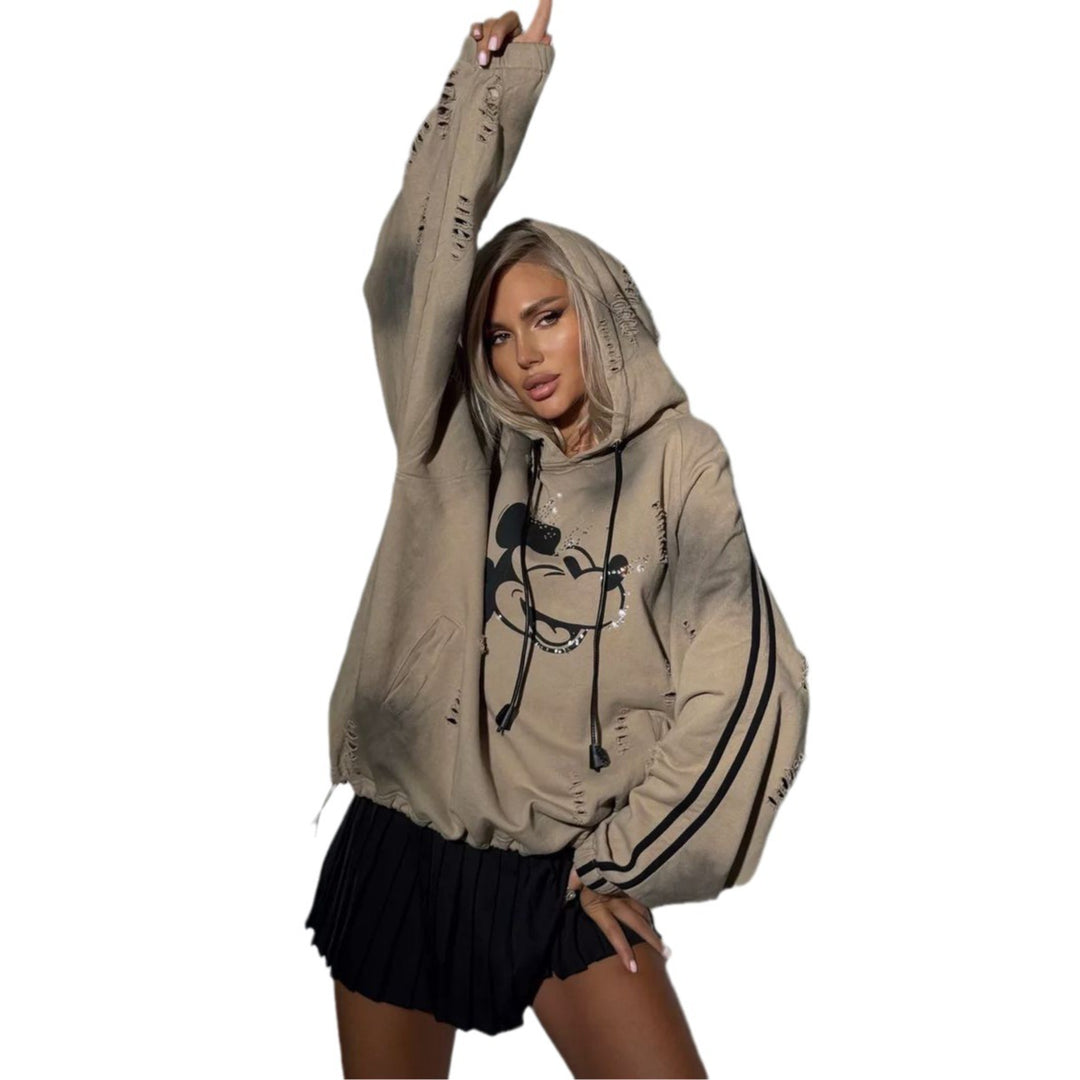 Damen Oversized Kapuzenpullover mit modischen Rissdetails und grafischem Print Drune