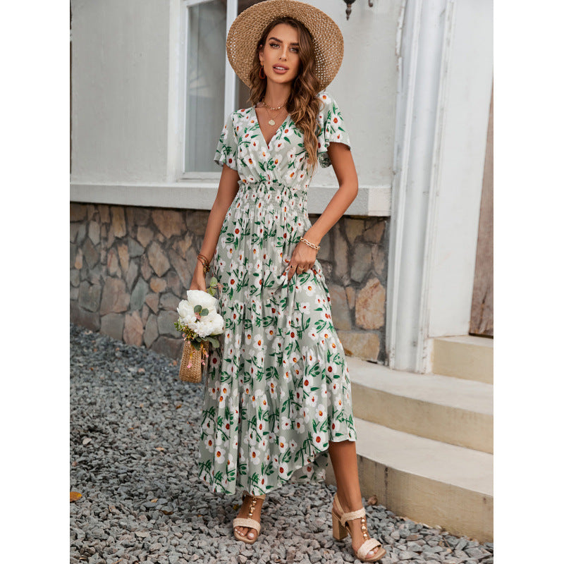 Damen Maxikleid mit floralem Design und elastischem Taillenbund Drune