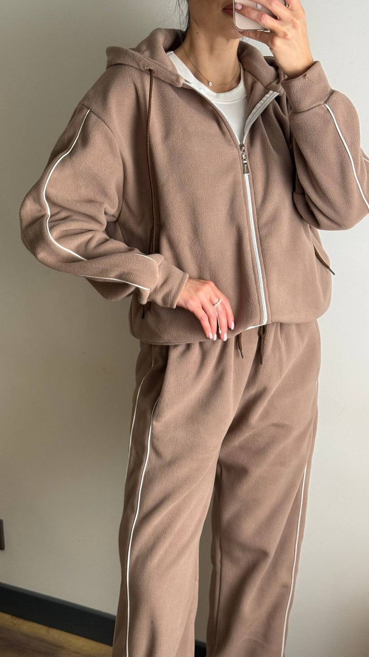 Damen modischer Fleece-Jogginganzug mit Reißverschluss und seitlichen Streifen Drune