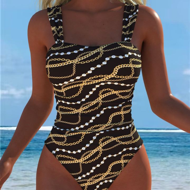 Damen einteiliger Badeanzug mit glamourösem Kettenmuster und breiten Trägern Drune