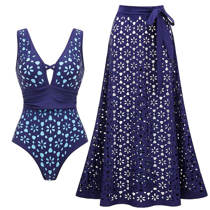 Damen Badeanzug und Rock mit floralen Ausschnitten Drune