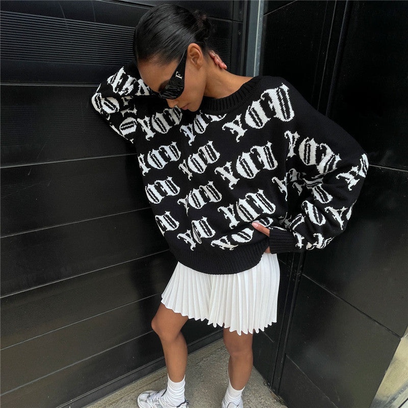Damen lässiger Strickpullover mit modernem Schriftzug und weitem Schnitt Drune