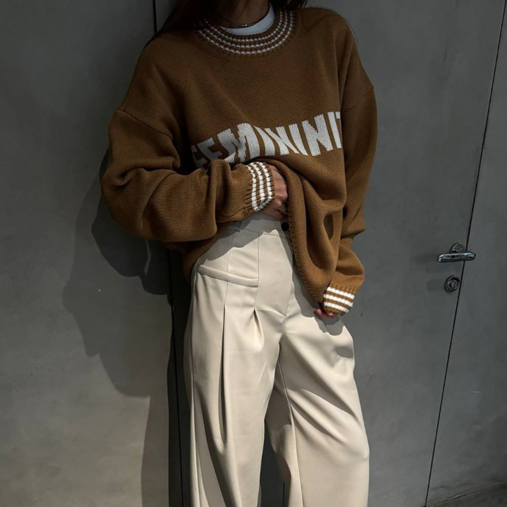 Damen Oversized Strickpullover mit grafischem Schriftzug Drune