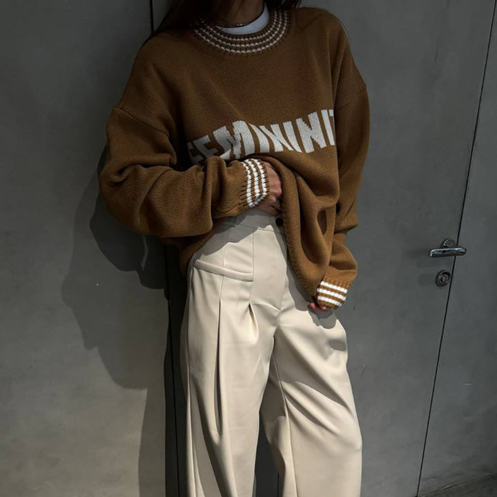 Damen Oversized Strickpullover mit grafischem Schriftzug Drune