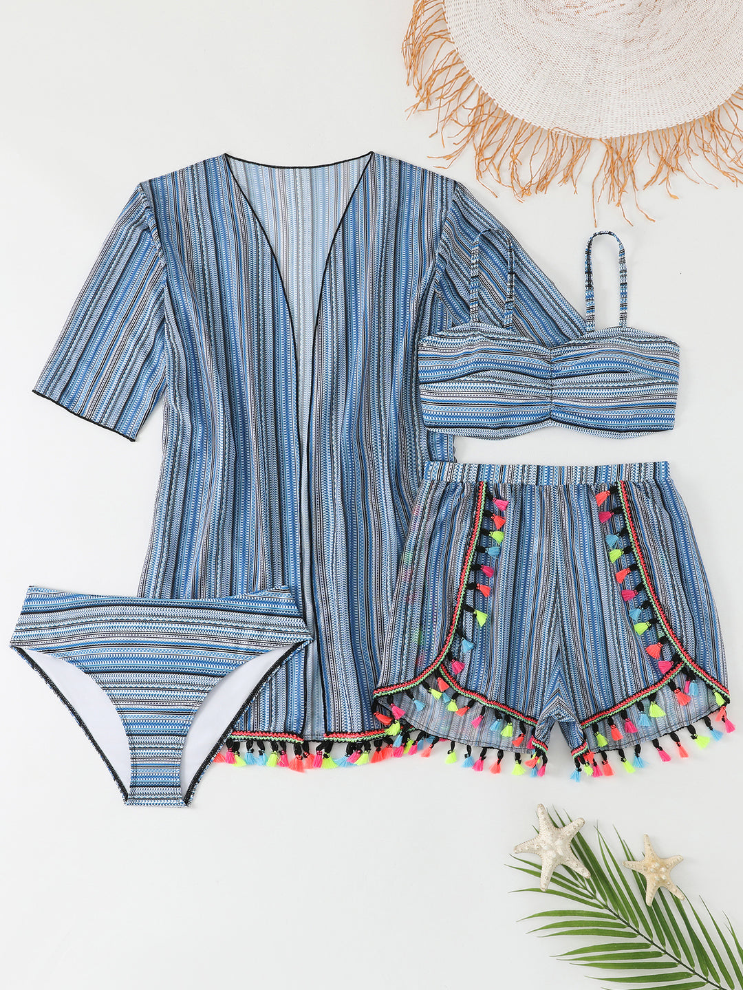 Damen Bikiniset mit trendigem Strandkimono und bunten Quasten Drune