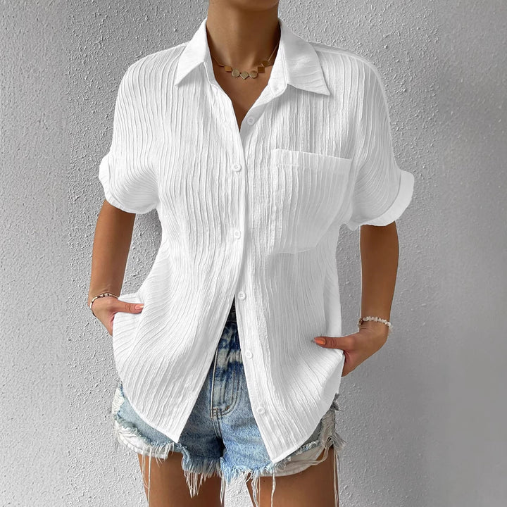 Damen lässige kurzärmlige Bluse mit Struktur und Brusttasche Drune