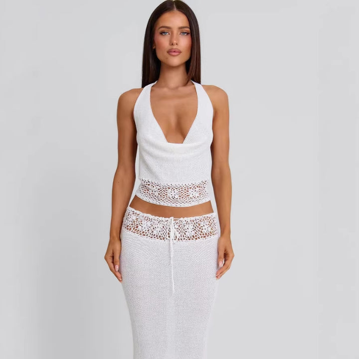 Damen luftiges Stricktop und Maxikleid Set Drune
