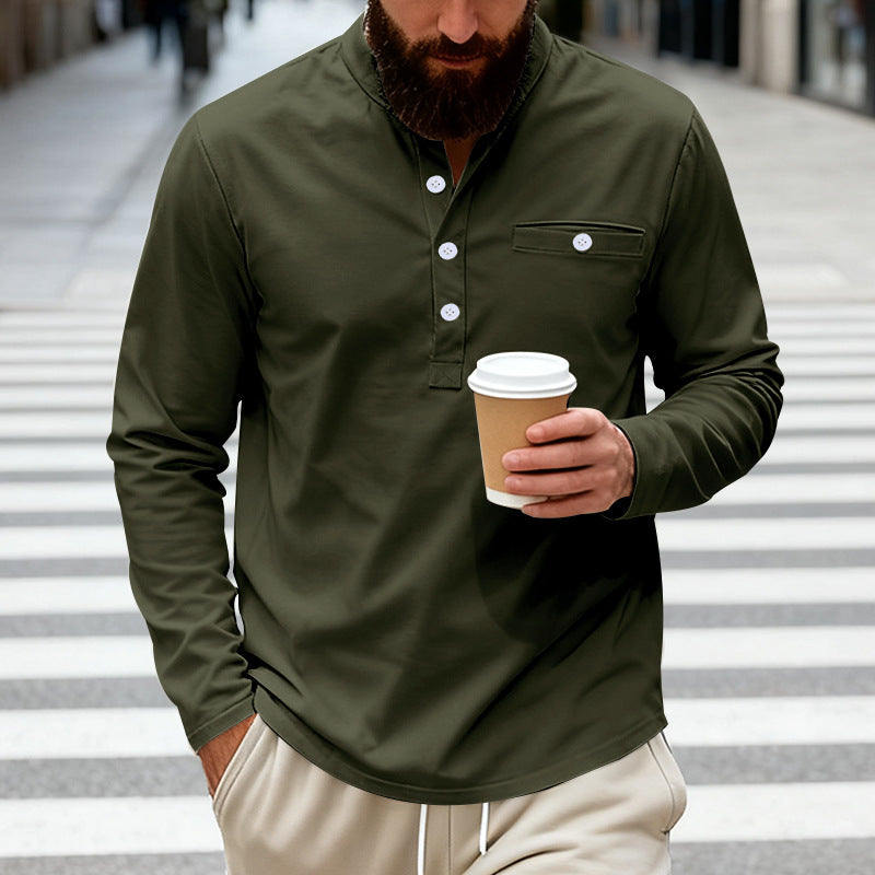 Herren nan langärmeliges Henley-Shirt mit Stehkragen, Brusttasche und dekorativer Knopfleiste Drune