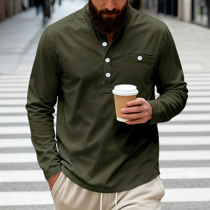 Herren nan langärmeliges Henley-Shirt mit Stehkragen, Brusttasche und dekorativer Knopfleiste Drune