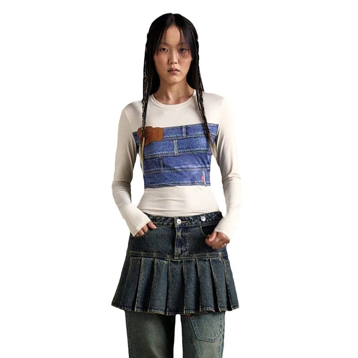 Damen Langarmshirt mit kreativem Denim-Druck und figurbetontem Schnitt Drune