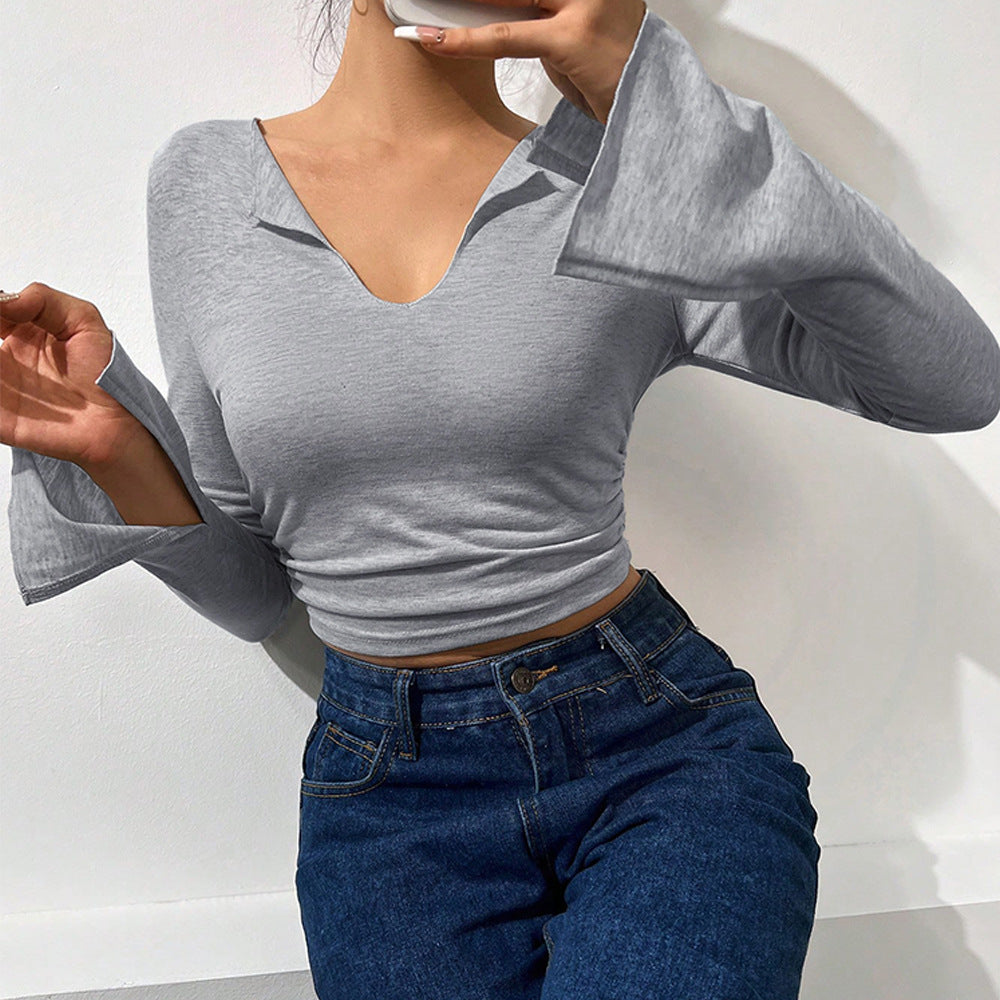 Damen Cropped Langarmshirt mit modischen Trompetenärmeln und elegantem V-Ausschnitt Drune