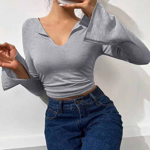 Damen Cropped Langarmshirt mit modischen Trompetenärmeln und elegantem V-Ausschnitt Drune