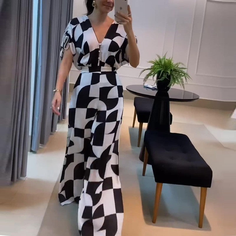 Damen Modischer Jumpsuit mit grafischem Muster und eleganten Ärmeln Drune