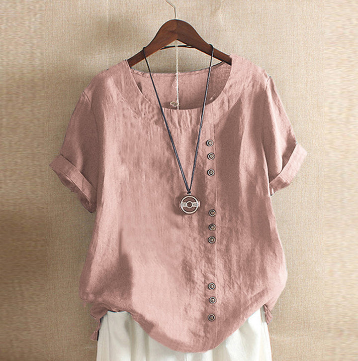 Damen lässige Leinenbluse mit umschlagbaren Ärmeln und Knopfdetails Drune