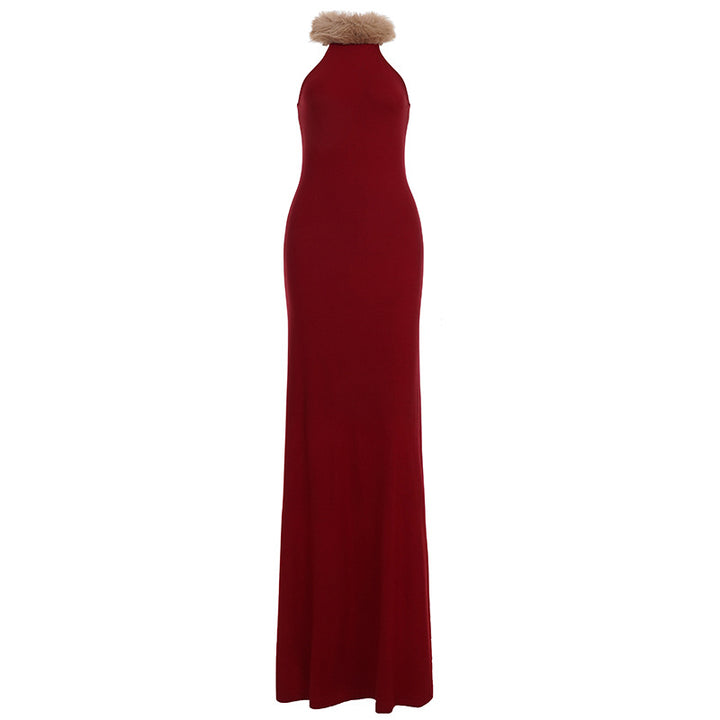 Damen Elegantes Maxikleid mit luxuriösem Kunstpelzkragen Drune