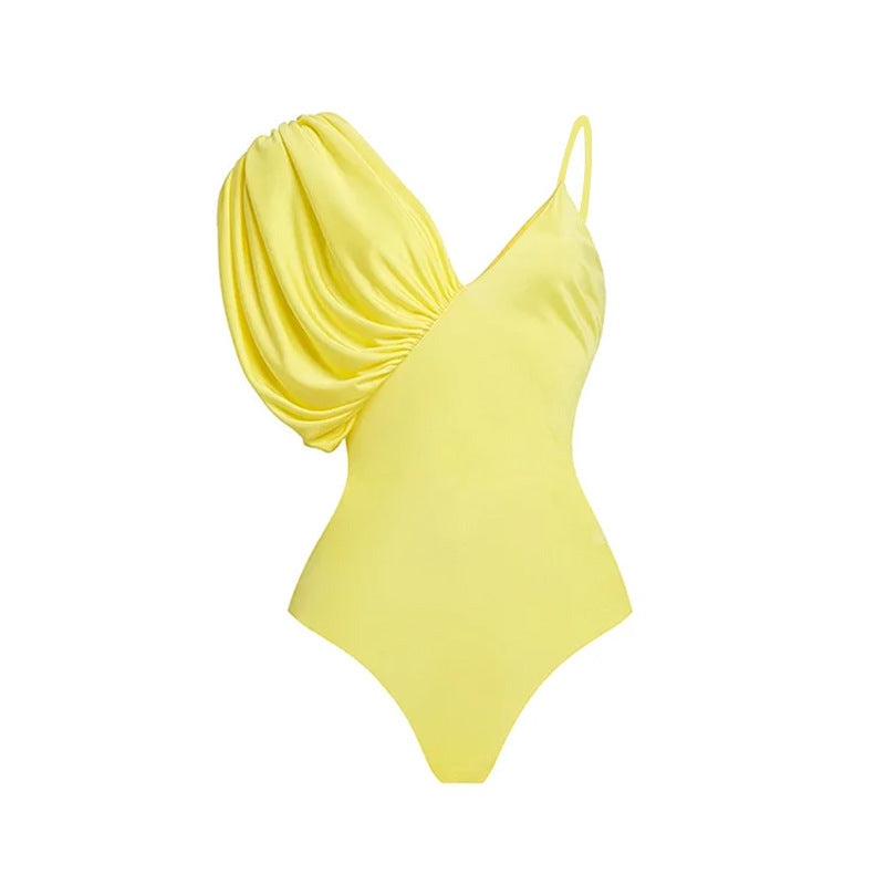 Damen asymmetrischer Einteiler Badeanzug mit voluminösen Puffärmeln Drune