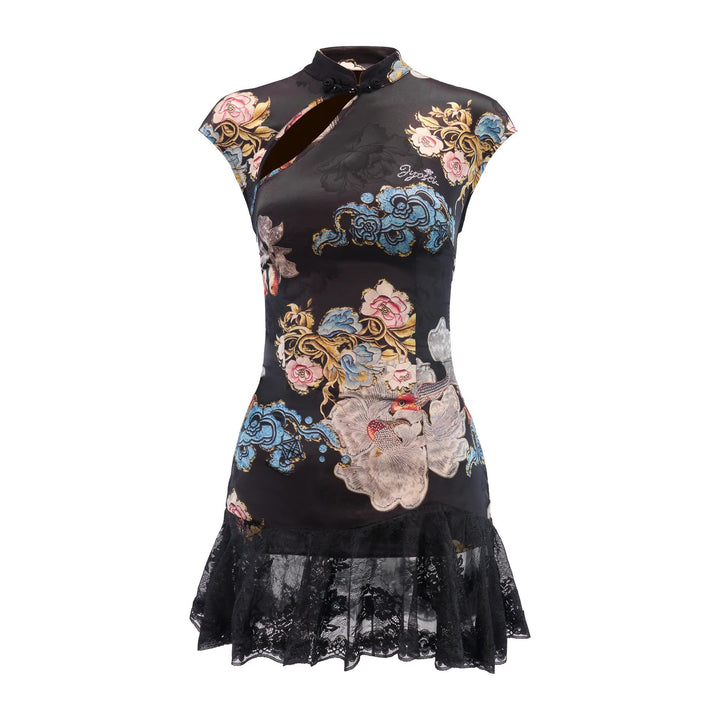 Damen Kurzärmliges Blumenkleid mit Spitzenunterrand Drune