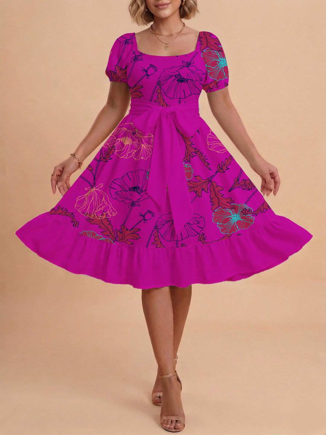 Damen modernes Blumenkleid mit elegantem Taillengürtel und asymmetrischem Saum Drune