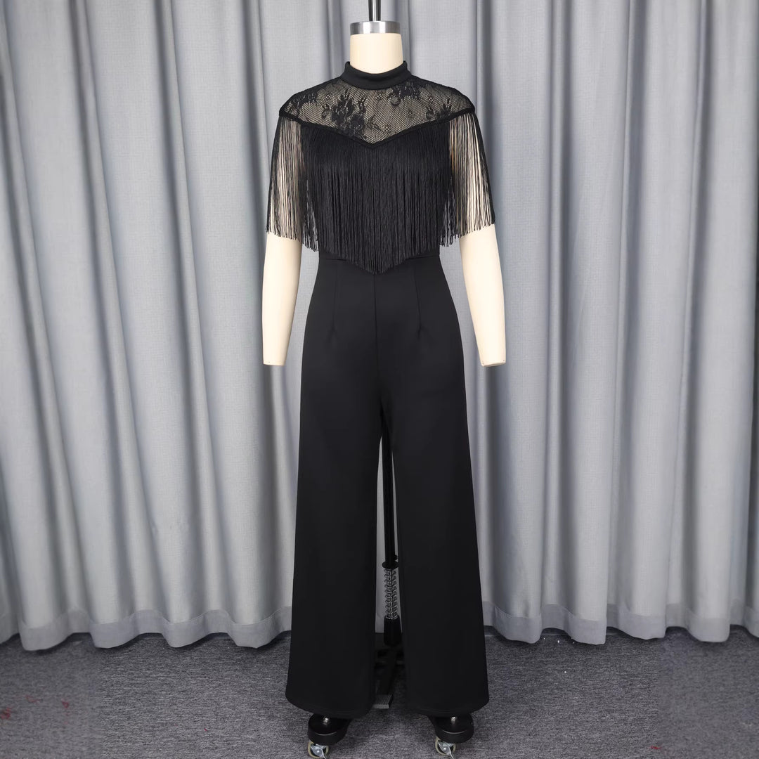 Damen eleganter Jumpsuit mit fransendem Spitzeneinsatz Drune
