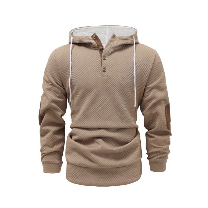 Herren nan strukturierter Kapuzenpullover im Henley-Stil mit Kontrastbesatz und Ellenbogenaufnähern Drune