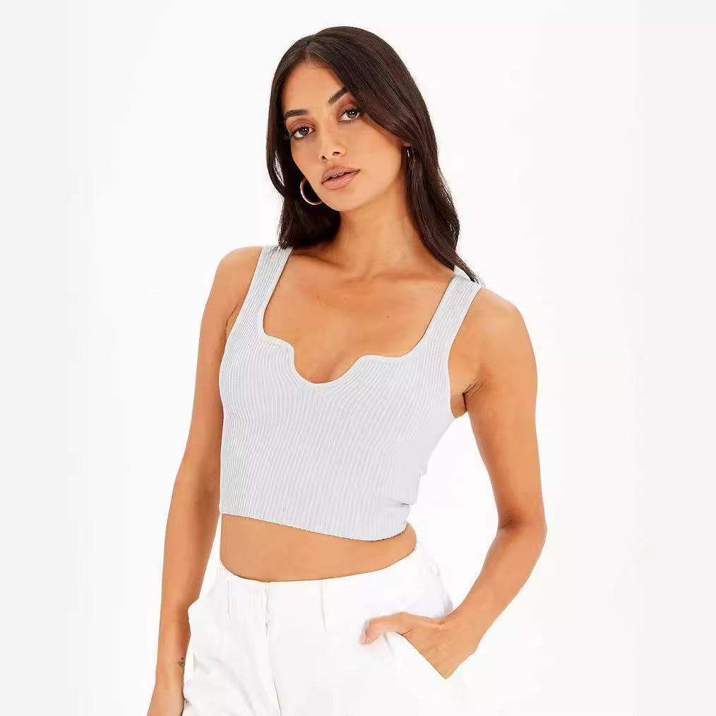 Damen Crop-Top mit Wellen-Ausschnitt und feiner Rippstruktur Drune