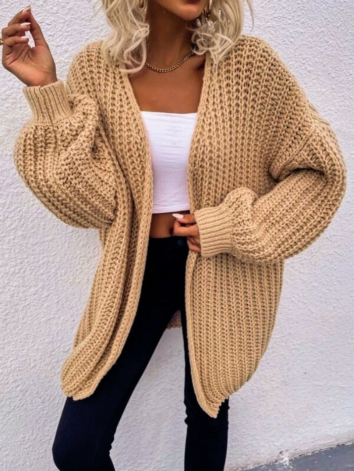 Damen Grobstrick-Cardigan mit voluminösen Ärmeln und offener Vorderseite Drune