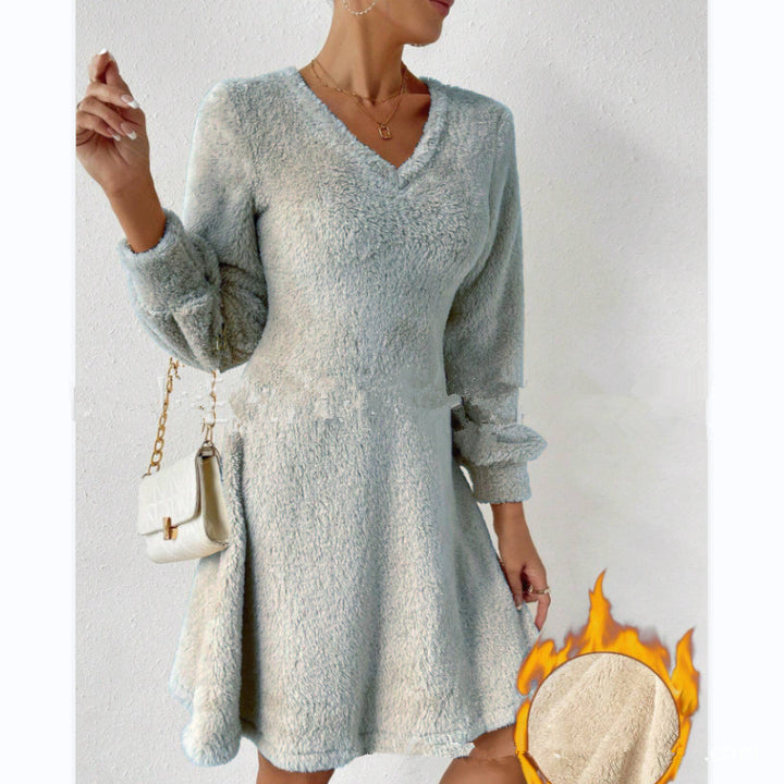 Damen Flauschiges V-Ausschnitt Kleid mit langen Ärmeln Drune