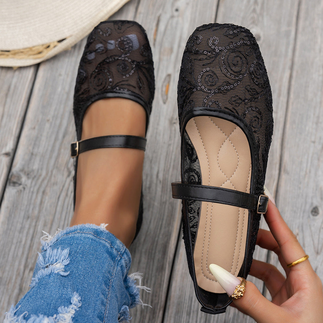 Damen elegante Ballerinas mit floralen Applikationen und rutschfester Sohle Drune