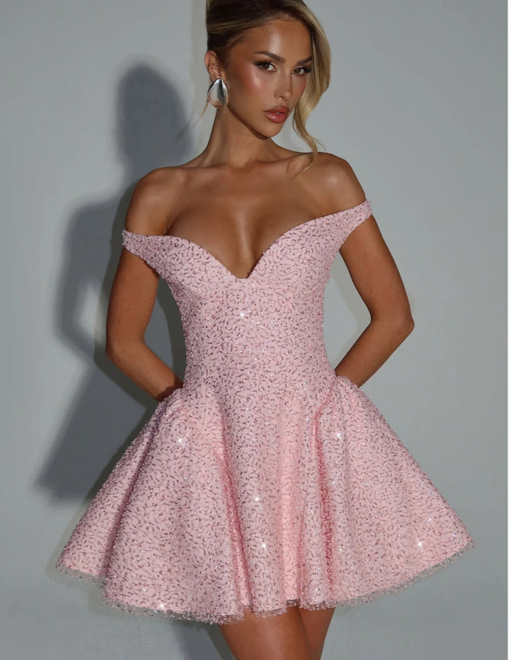Damen Glamouröses Cocktailkleid mit schulterfreiem Design und funkelndem Paillettenbesatz Drune