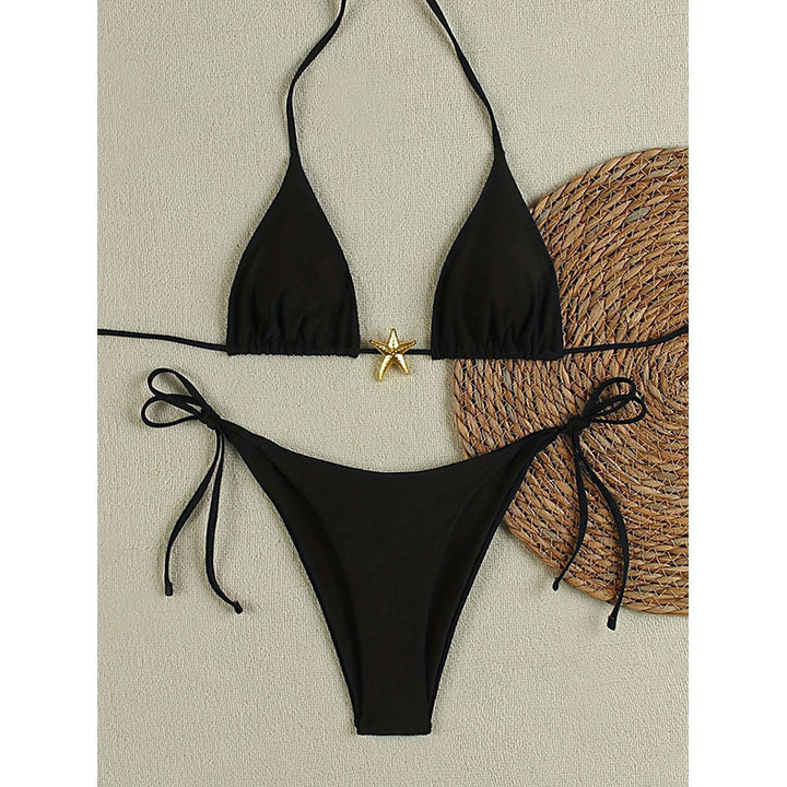 Damen Eleganter Triangel-Bikini mit goldener Applikation Drune