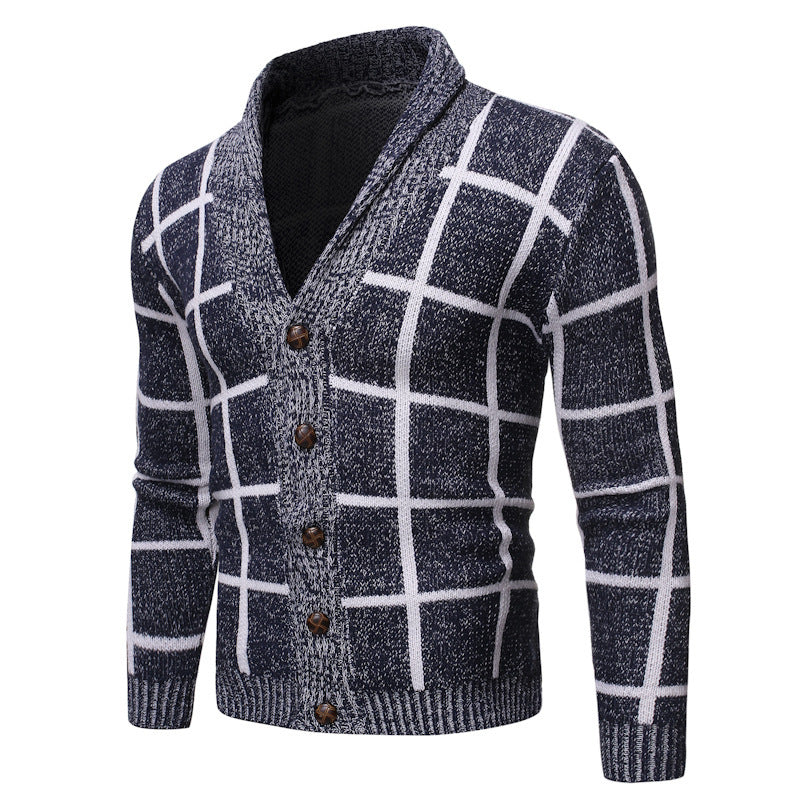Herren modische Strickjacke mit V-Ausschnitt und modernem Karomuster Drune